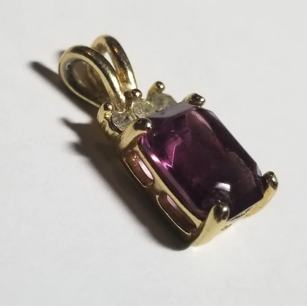 Purple gem pendant gold tone tiny dainty rectangular vintage